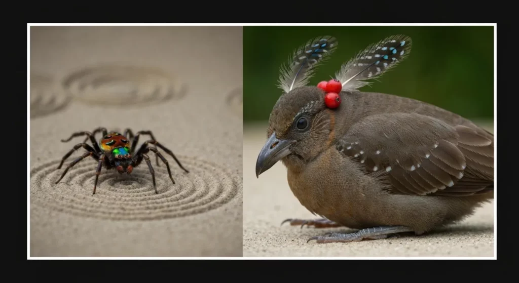 A collection of close-up images showcasing various animal mating rituals, including bowerbird bowers, pufferfish sand art, peacock spider displays, and anglerfish symbiosis.