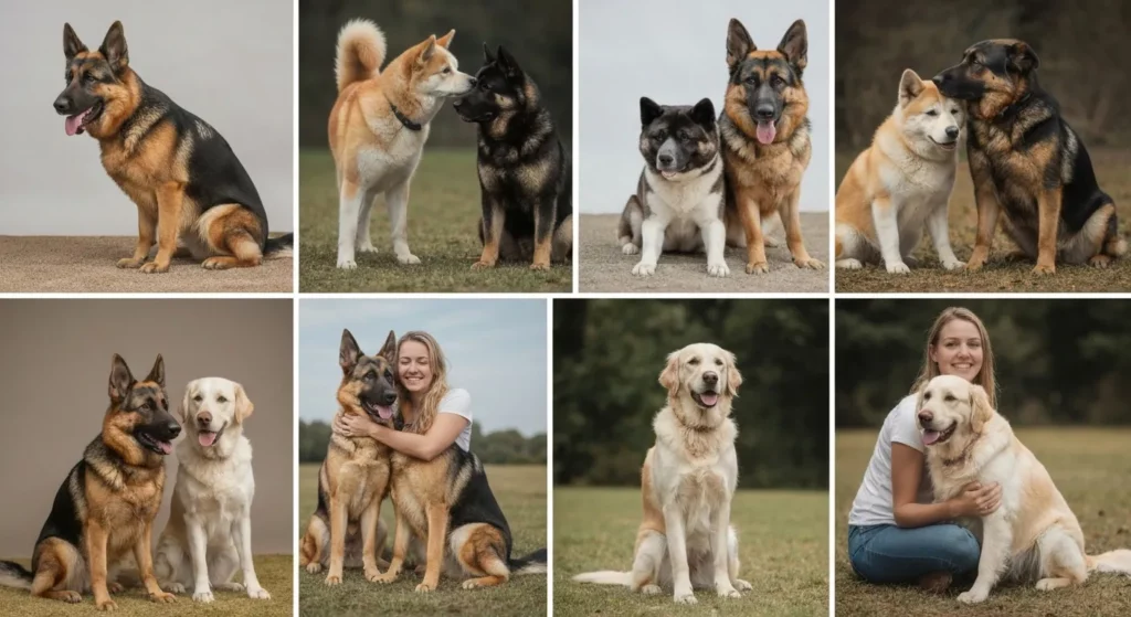 A heartwarming photograph showcasing various dog breeds interacting lovingly with their human companions in different settings.