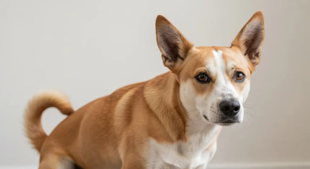 A dog exhibiting signs of stress, including a tucked tail, lowered posture, and flattened ears.