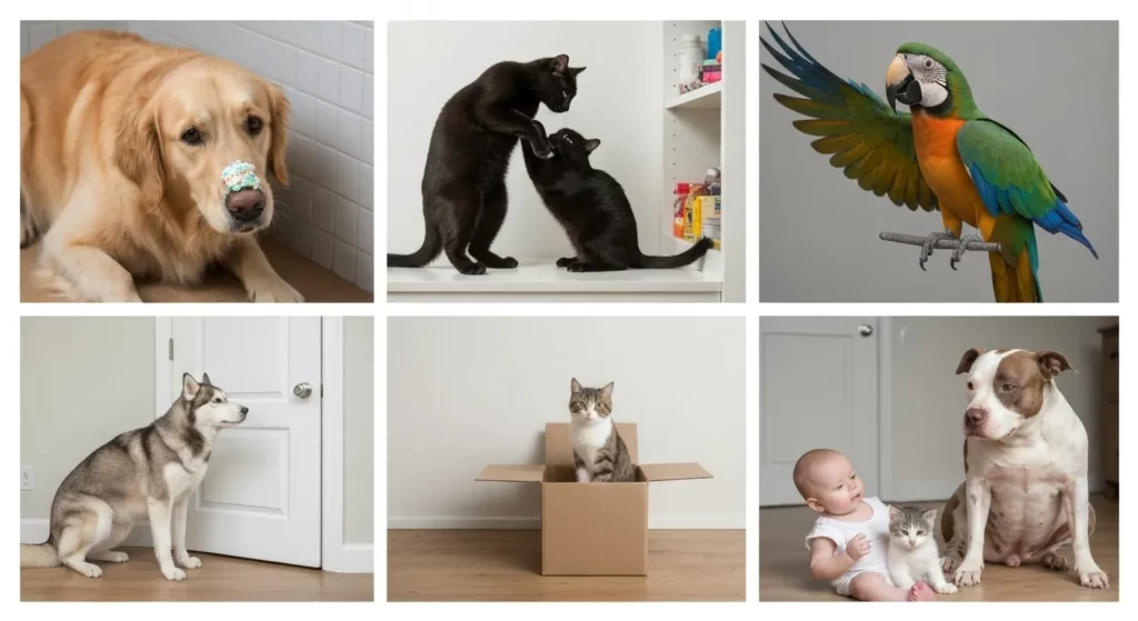 Various photographs depicting humorous and heartwarming interactions between pets and their owners, illustrating pet behaviors and the unique bond they share.