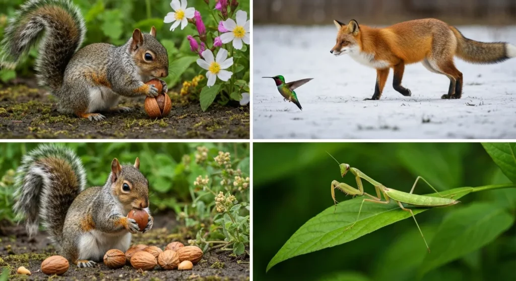 A close-up photograph shows a gray squirrel burying a nut in the ground, a hummingbird hovering near nearby flowers, and a praying mantis on a leaf.