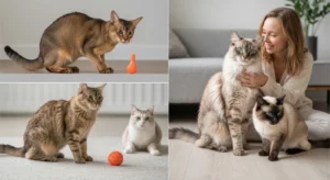 Several cat breeds, including an Abyssinian, Ragdoll, Maine Coon, and Siamese, exhibiting playful and affectionate behaviors with humans.