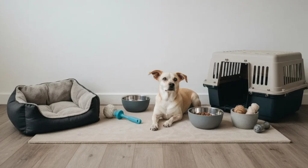 A dog wearing a harness and leash, next to its bed and food and water bowls.