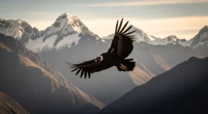 A majestic Andean Condor with a wide wingspan, soaring through the air over a mountainous landscape.