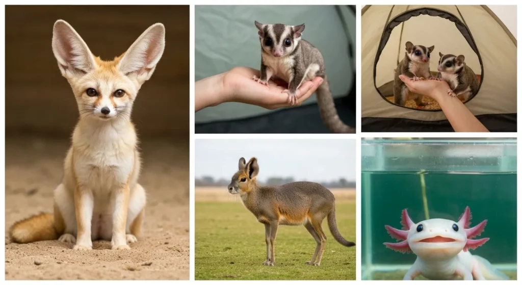 Close-up view of a fennec fox with large ears, sitting in a sandy enclosure.