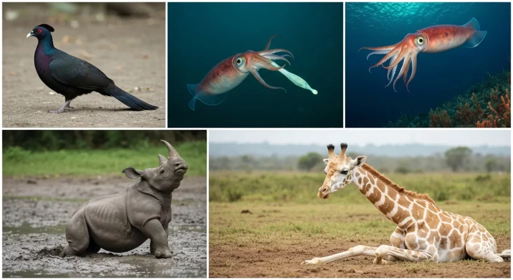 A series of photographs showing rare animal sightings, including a black-naped pheasant-pigeon, a giant squid, a Javan rhinoceros calf, and a leucistic giraffe.