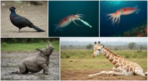 A series of photographs showing rare animal sightings, including a black-naped pheasant-pigeon, a giant squid, a Javan rhinoceros calf, and a leucistic giraffe.