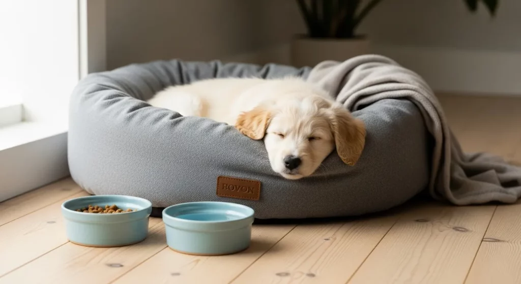 A quiet room, prepared as a safe space for a new pet, featuring a comfortable bed, food and water bowls, and toys.