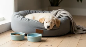 A quiet room, prepared as a safe space for a new pet, featuring a comfortable bed, food and water bowls, and toys.