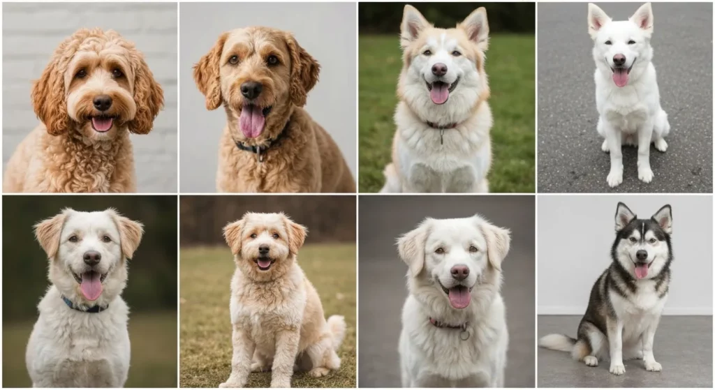 A photograph showing several mixed-breed dogs of different sizes and appearances, displaying various postures and expressions.