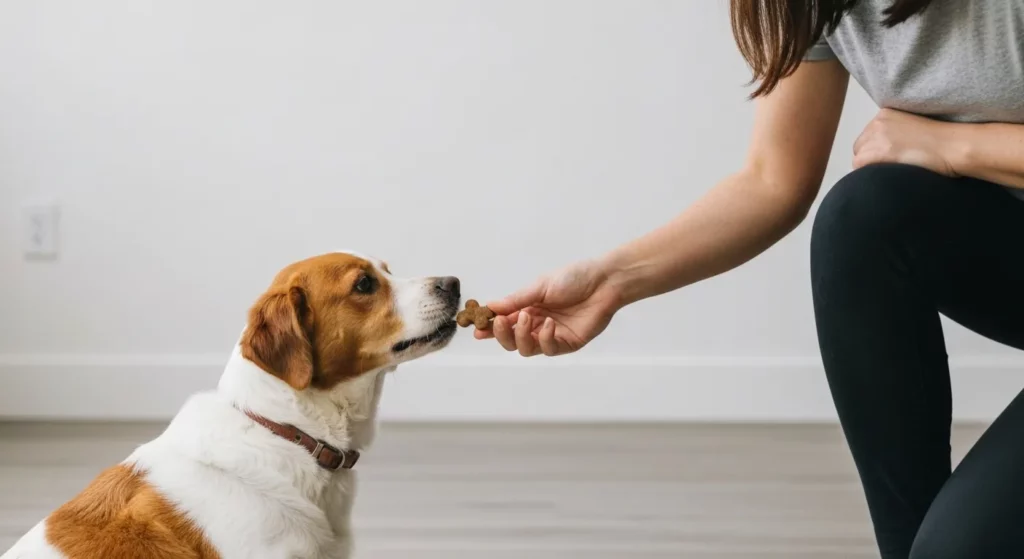 A person is rewarding a dog with a treat during a training session.