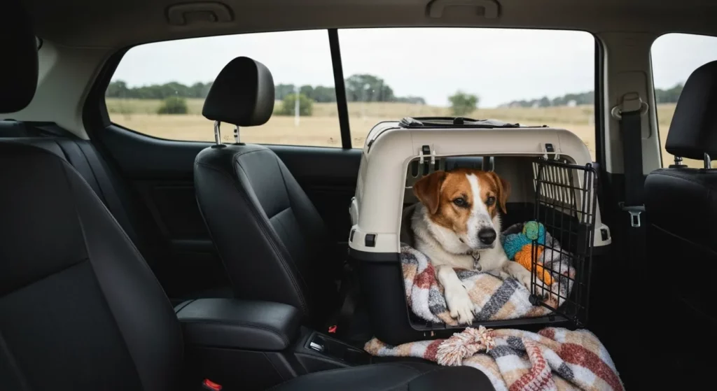 A dog in a pet carrier inside a car parked at a roadside rest stop.