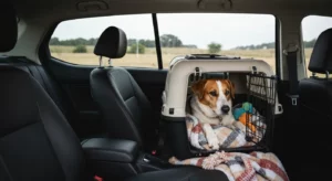 A dog in a pet carrier inside a car parked at a roadside rest stop.