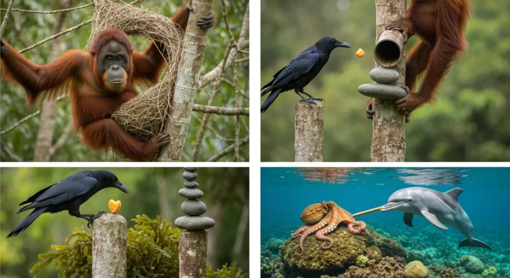 Close-up view of an orangutan carefully constructing a nest from branches and leaves in a lush rainforest treetop.
