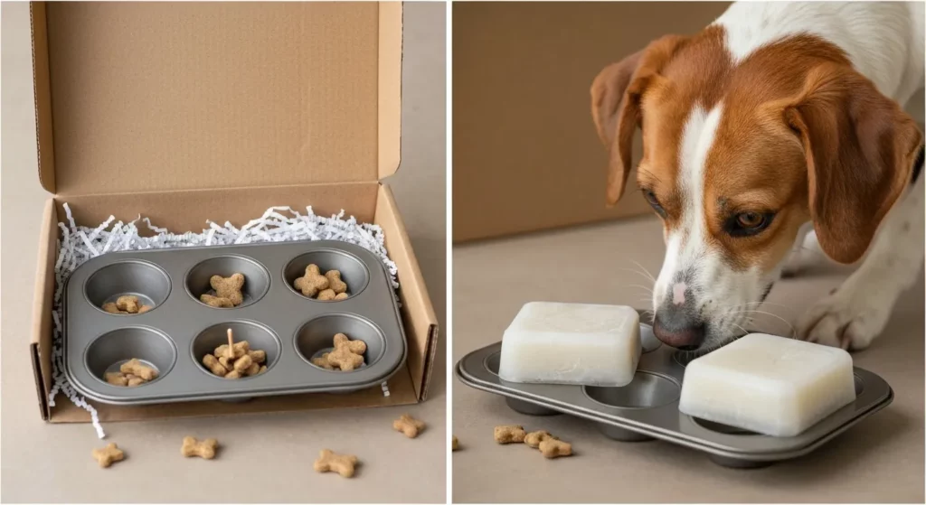 A dog interacting with a variety of homemade pet enrichment toys, including a cardboard box, muffin tin, and frozen treat.