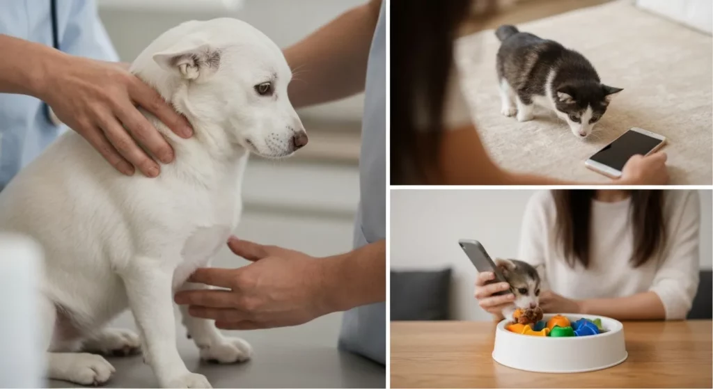 A person's hands gently examine a pet's fur and skin during a health check.