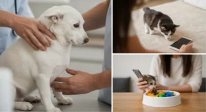 A person's hands gently examine a pet's fur and skin during a health check.