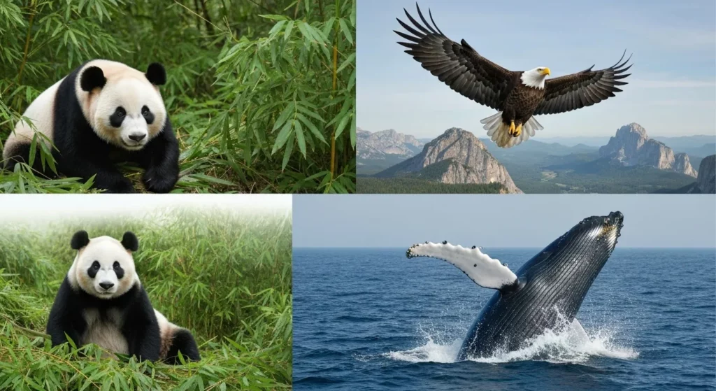 A photo showing a giant panda in a bamboo forest, a humpback whale breaching, a bald eagle in flight, and a mountain gorilla in its natural habitat.