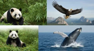A photo showing a giant panda in a bamboo forest, a humpback whale breaching, a bald eagle in flight, and a mountain gorilla in its natural habitat.