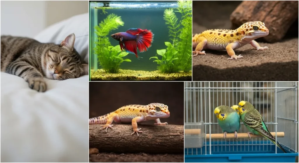 A photo showcasing four different low-maintenance pets: an adult cat sleeping, a betta fish in a planted tank, a leopard gecko in a terrarium, and a pair of budgies in a cage.