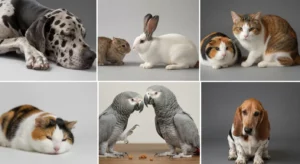 A Great Dane lies on the floor with a calico cat curled up on its belly.