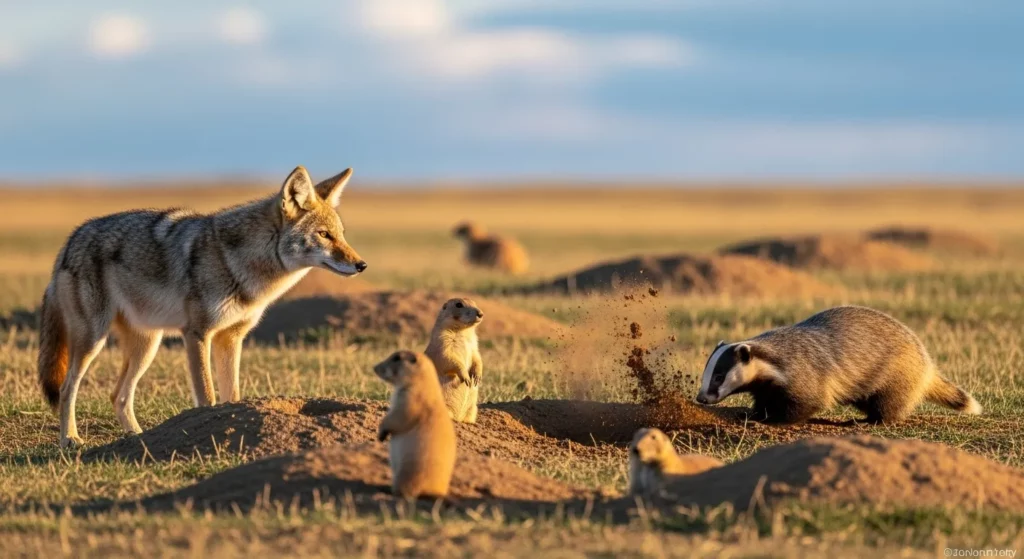 A photograph depicting a coyote and a badger working together to hunt prairie dogs, with the coyote guarding the burrow entrance while the badger digs.