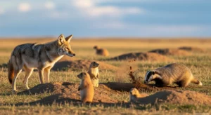 A photograph depicting a coyote and a badger working together to hunt prairie dogs, with the coyote guarding the burrow entrance while the badger digs.