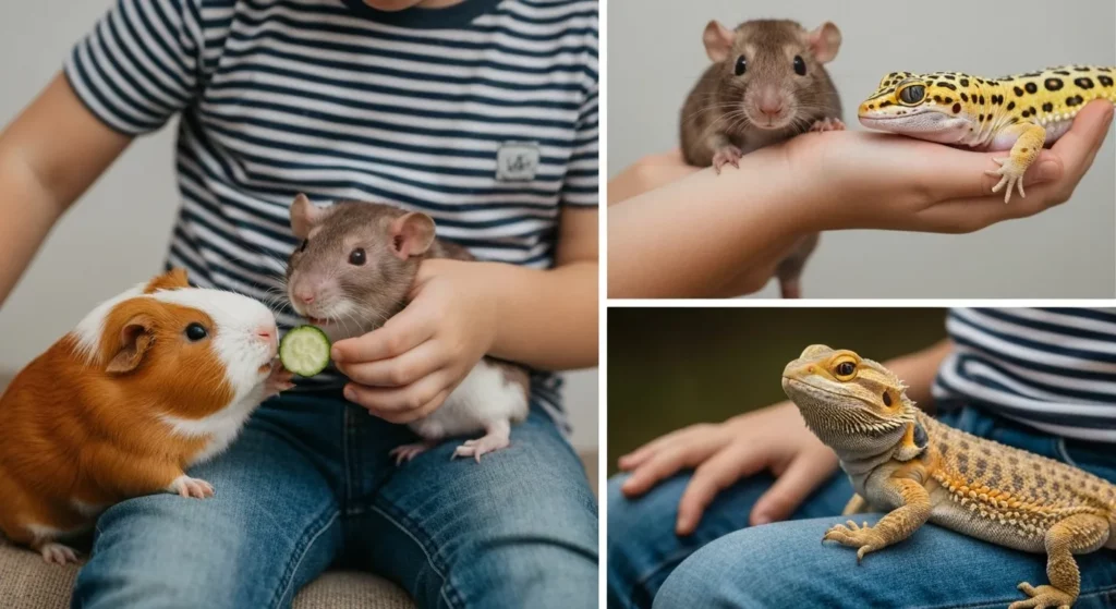 A child interacts gently with various small pets, including rodents, reptiles, and a bird.