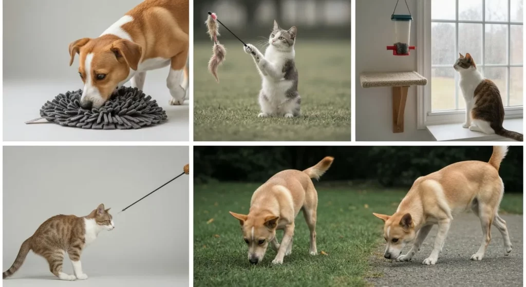 A dog uses its nose to find treats hidden in a snuffle mat, while a cat plays with a wand toy, and another dog explores a park on a long leash.