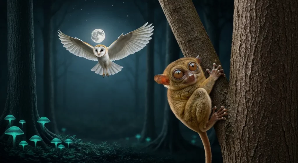 A nighttime photograph depicting a tarsier, a barn owl, and bioluminescent fungi in a forest setting.
