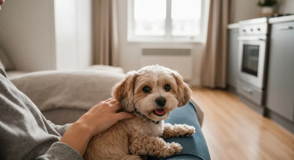 A small dog rests contentedly on a person's lap in a well-lit apartment.