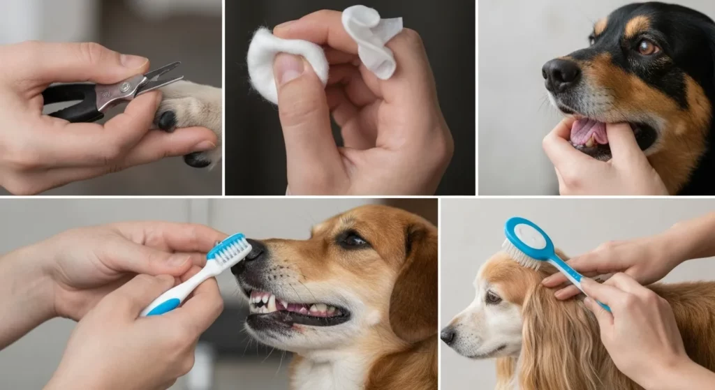 A collection of close-up images showing various pet grooming techniques, including nail trimming, ear cleaning, teeth brushing, and coat brushing.