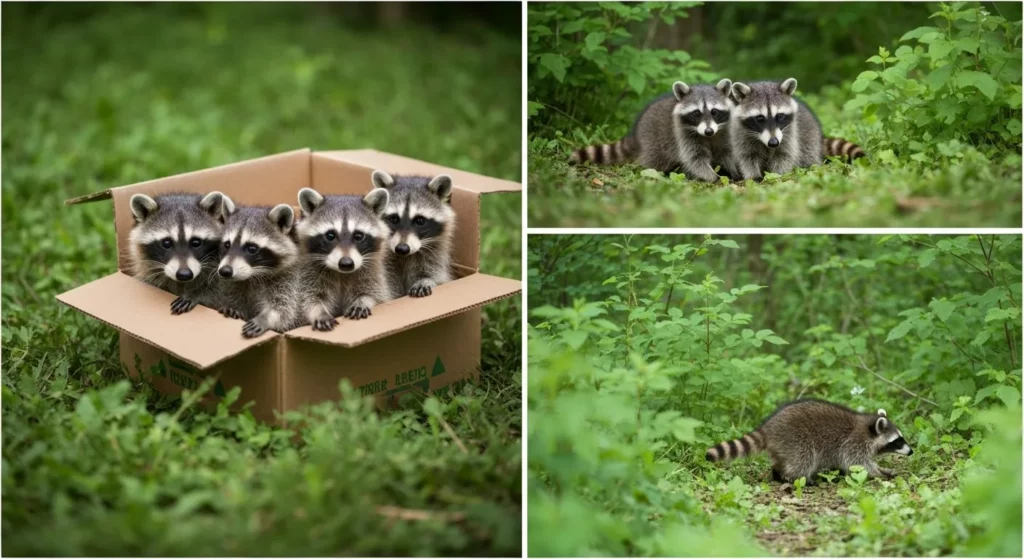 Five baby raccoons are released into a wooded area, their fur thick and their movements confident.