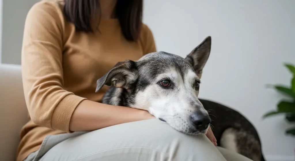 An older dog, a mixed breed with gray muzzle and floppy ears, rests its head on a woman's knee.