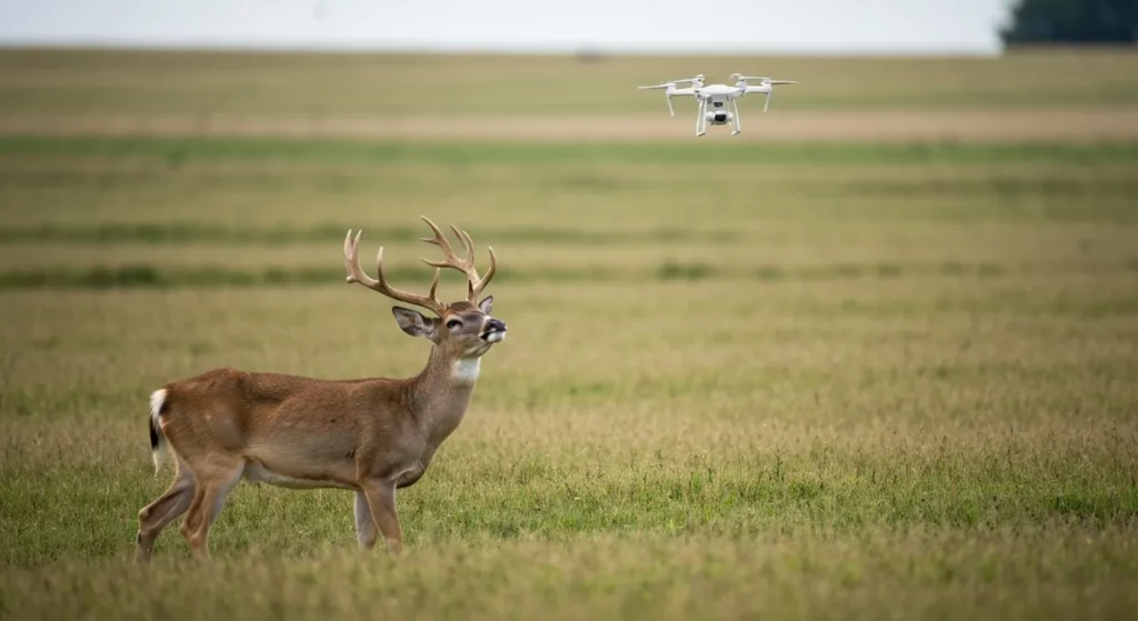 A distressed deer standing in a field, looking up, with a small drone in the distance.