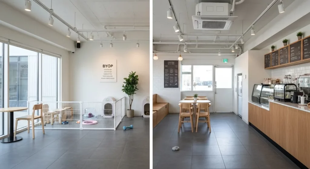 A dog-friendly coffee shop with a separate pet zone and a human-only area for food and drink preparation and consumption.