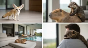 A capybara lounges by an outdoor swimming pool in a luxurious backyard setting.