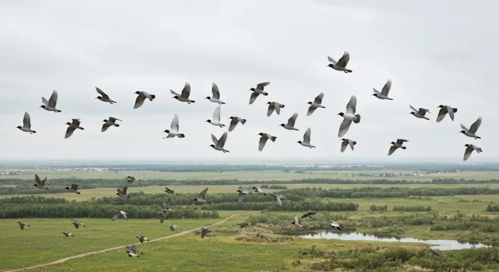 A map depicting altered migratory routes of several bird species across North America and Europe, overlaid on a background of changing seasonal temperatures.
