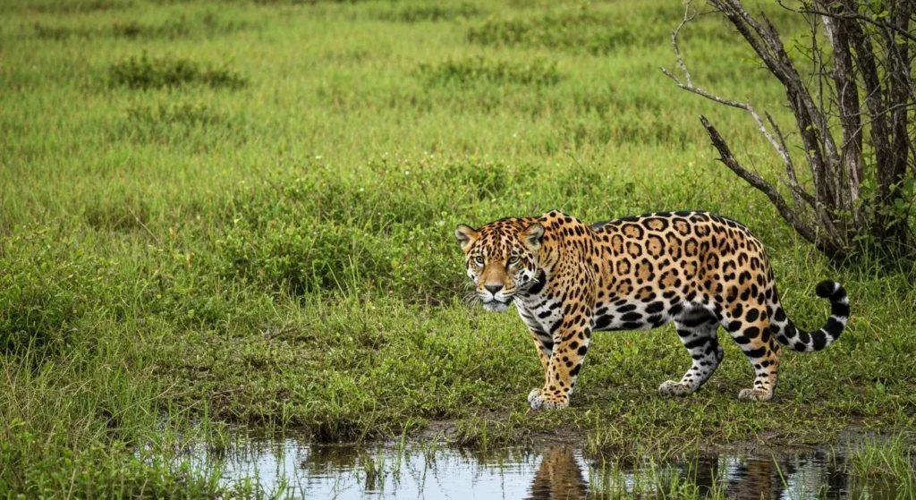A jaguar walks through tall grasses in a South American wetland, other animals visible in the background.