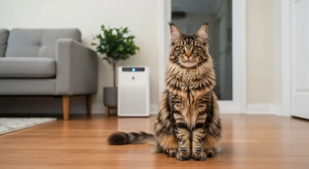 A clean, modern living room with hardwood floors, a HEPA air purifier running, and a Maine Coon cat resting peacefully on a sofa.