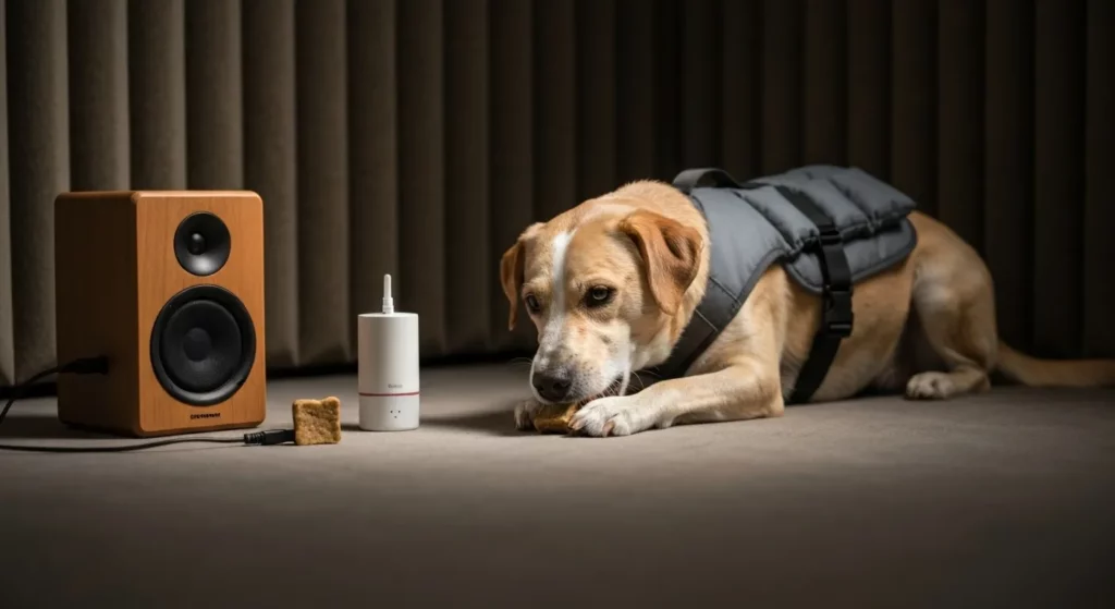 A dog rests calmly in a dimly lit room with a weighted vest, a treat, and a pheromone diffuser visible.