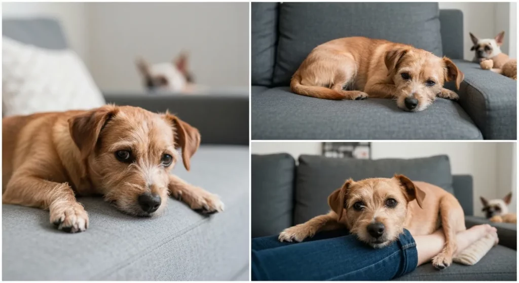 A small, caramel-colored terrier mix dog rests its head on a person's lap in a modern apartment.