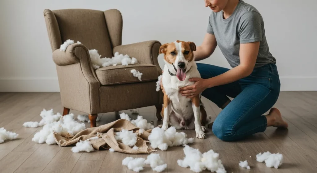 A dog sits amidst scattered pieces of a shredded armchair, appearing distressed.