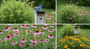 A vibrant garden with wildflowers, shrubs, and a bluebird nesting box mounted on a post.
