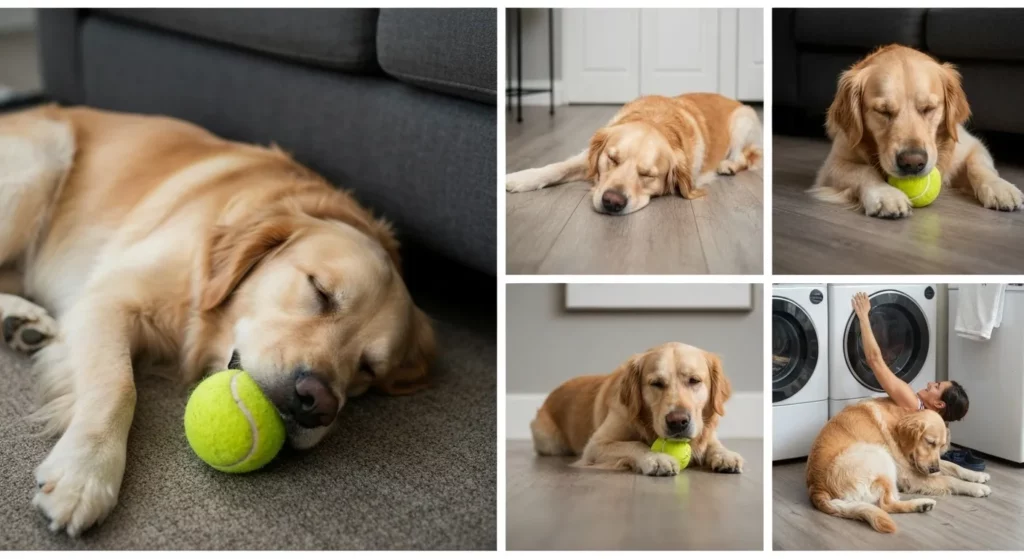 A Golden Retriever dog naps peacefully on a floor, a worn tennis ball nestled under its chin.
