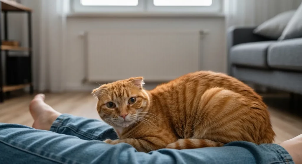 A ginger cat with patchy fur and one folded ear sits nestled against a person's side on a carpeted floor.