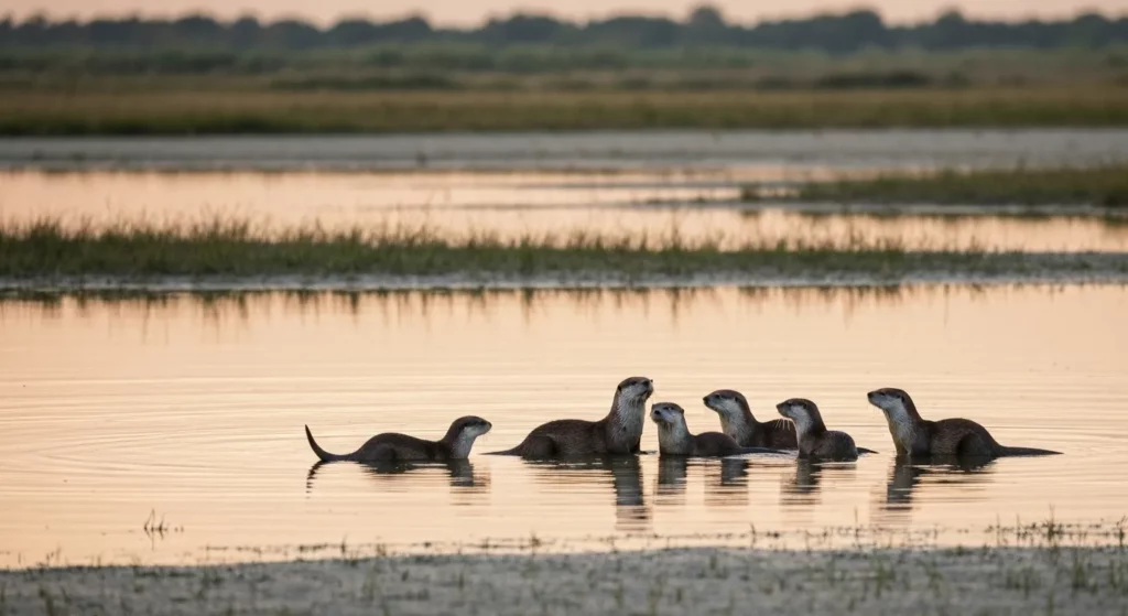 A family of otters playing in a wetland, viewed from a distance; serene morning light illuminates the scene.