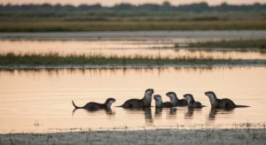 A family of otters playing in a wetland, viewed from a distance; serene morning light illuminates the scene.