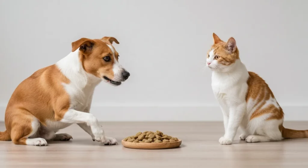 A dog and a cat engaging in playful activities, such as the dog sniffing the ground intently and the cat batting at a toy.