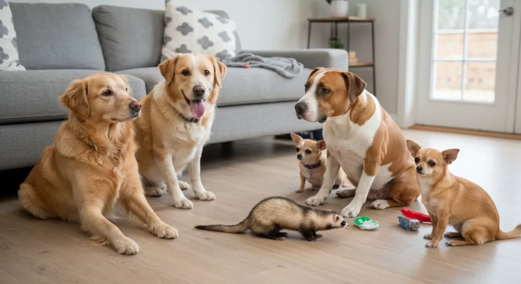 A group of dogs of various breeds and sizes interact peacefully with a ferret in a home setting.